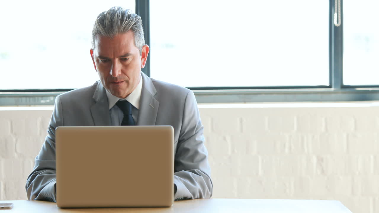 Businessman using laptop and receiving a phone call