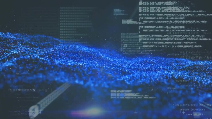 Camera hovering above blue data wave, floating code panels drifting, light beam descending for demo