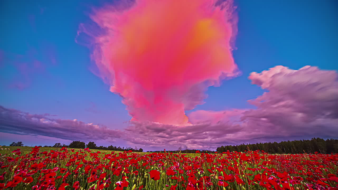 ⁇ 은 날에 빨간 포피의  ⁇  위에 파란 하늘에 아름다운 노란색과 분홍색 구름