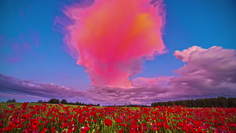 beautiful yellow and pink cloud in blue sky over field of red poppies on sunny day