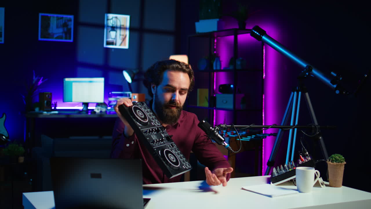 시청자에게 사운드 서 장치를 보여주는 인플루언서