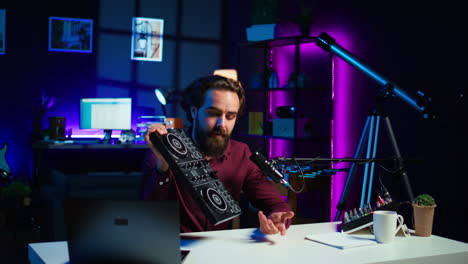 influencer mostrando el dispositivo de mezcla de sonido a los espectadores