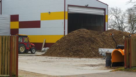 wood chips at the industrial boiler house, wood particles of various shapes and sizes, obtained as a result of mechanical processing, biomass, renewable energy, overcast day, medium shot