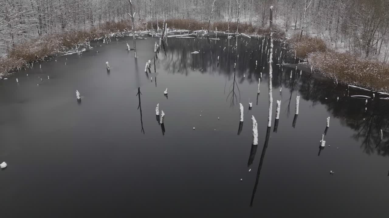 Remote Icy lake amid desolate Post-Industrial coal mining frozen Landscape