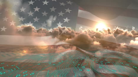 sunrise over digital circuit board with american flag in background