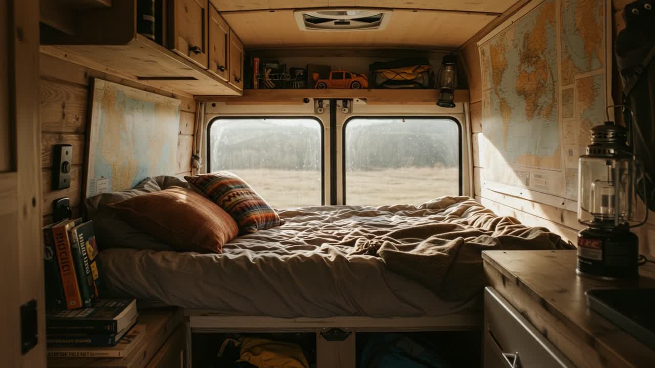 Cozy Van Interior with a Comfortable Bed and Warm Lighting - An Ideal Space for Relaxation and Adventure in Nature Surrounded by Maps and Warm Textiles