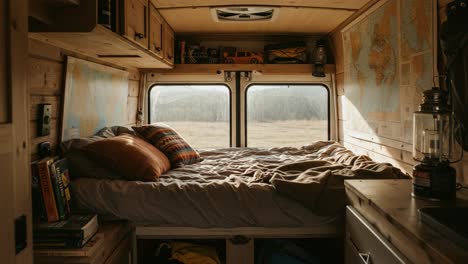 cozy van interior with a comfortable bed and warm lighting - an ideal space for relaxation and adventure in nature surrounded by maps and warm textiles
