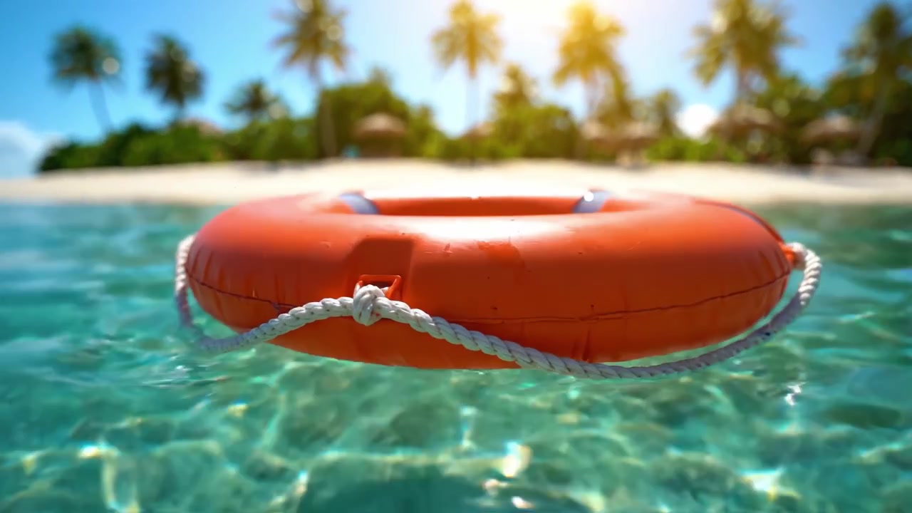 A Bright Lifebuoy Floating Peacefully in Crystal Clear Water Surrounded by Tropical Palms and Sandy Shores Under a Sunlit Sky