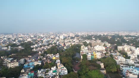 aerial drone shot of chennai city in top view during sunrise