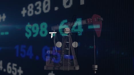 animation of desk and stock market over oil pump on black background