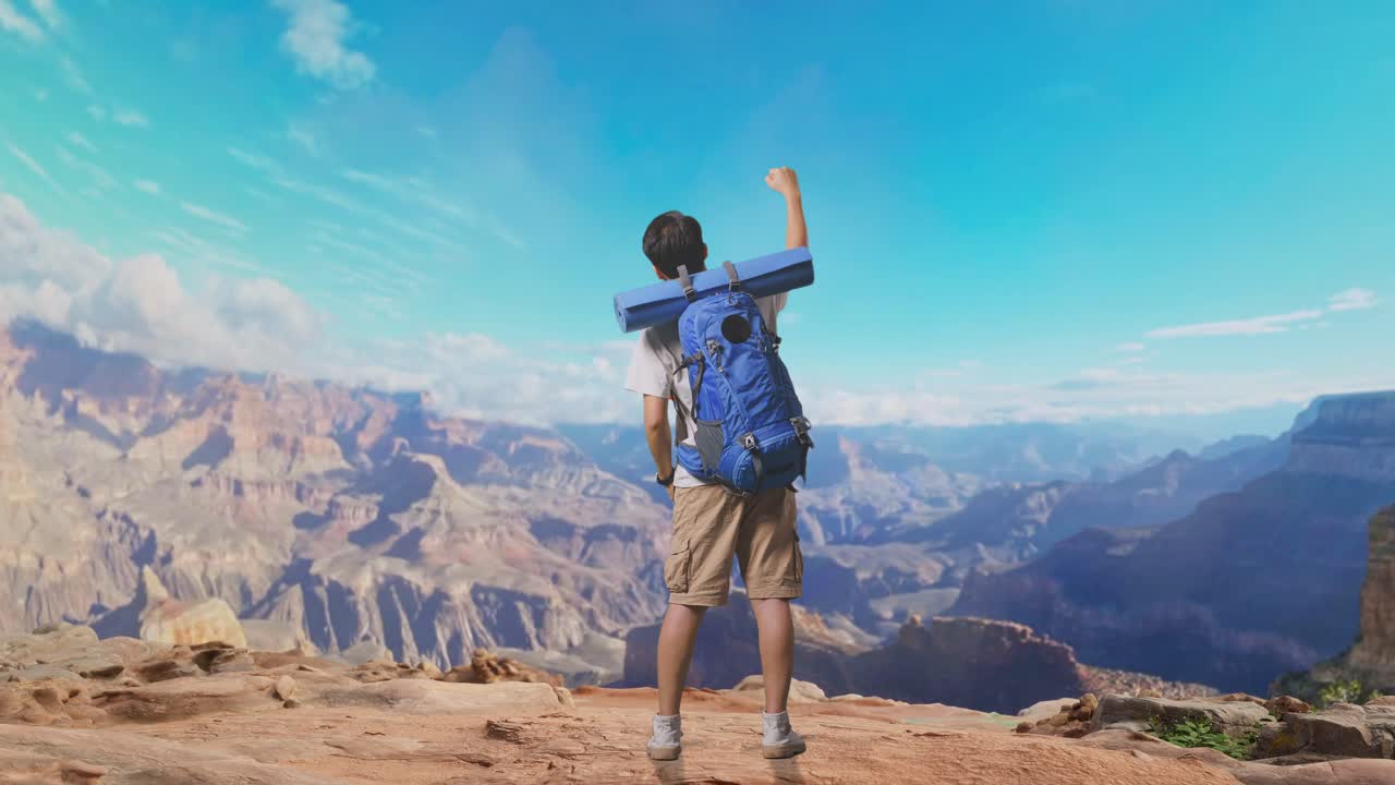 Full Body Back View Of A Male Hiker With Mountaineering Backpack Screaming Goal Celebrating The Success While Traveling At The Top Of Mountain