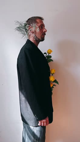 man in black suit with flowers