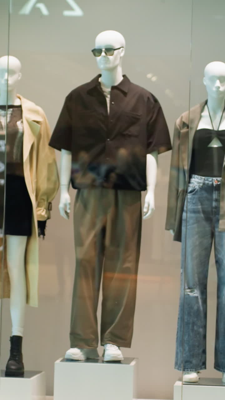 쇼핑몰에 전시된 스타일리시한 의상을 입은 남녀 마네킨의 모습. 쇼핑 트롤이 배경에 보이는데, 소매 컨텍스트를 추가합니다.