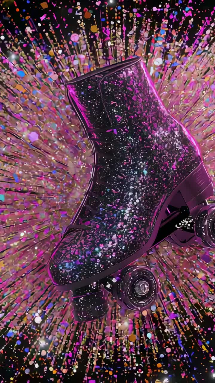 Vertical video: Rotating glitter quad boot showing wheels, toe stop as studio burst showing finish