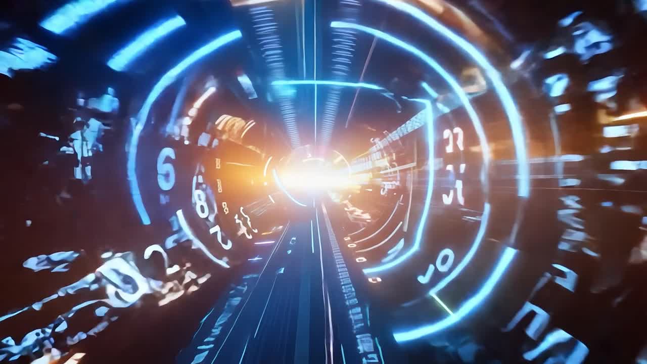 미래의 터널은 박이는 숫자와 기호를 통해 움직이는 카메라를 갖추고 역동적인 디지털 환경을 만니다.