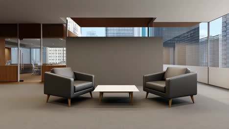 modern office lounge area with city view
