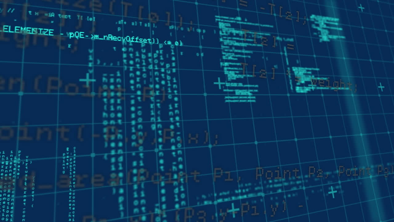 Animation of data processing over grid on blue background