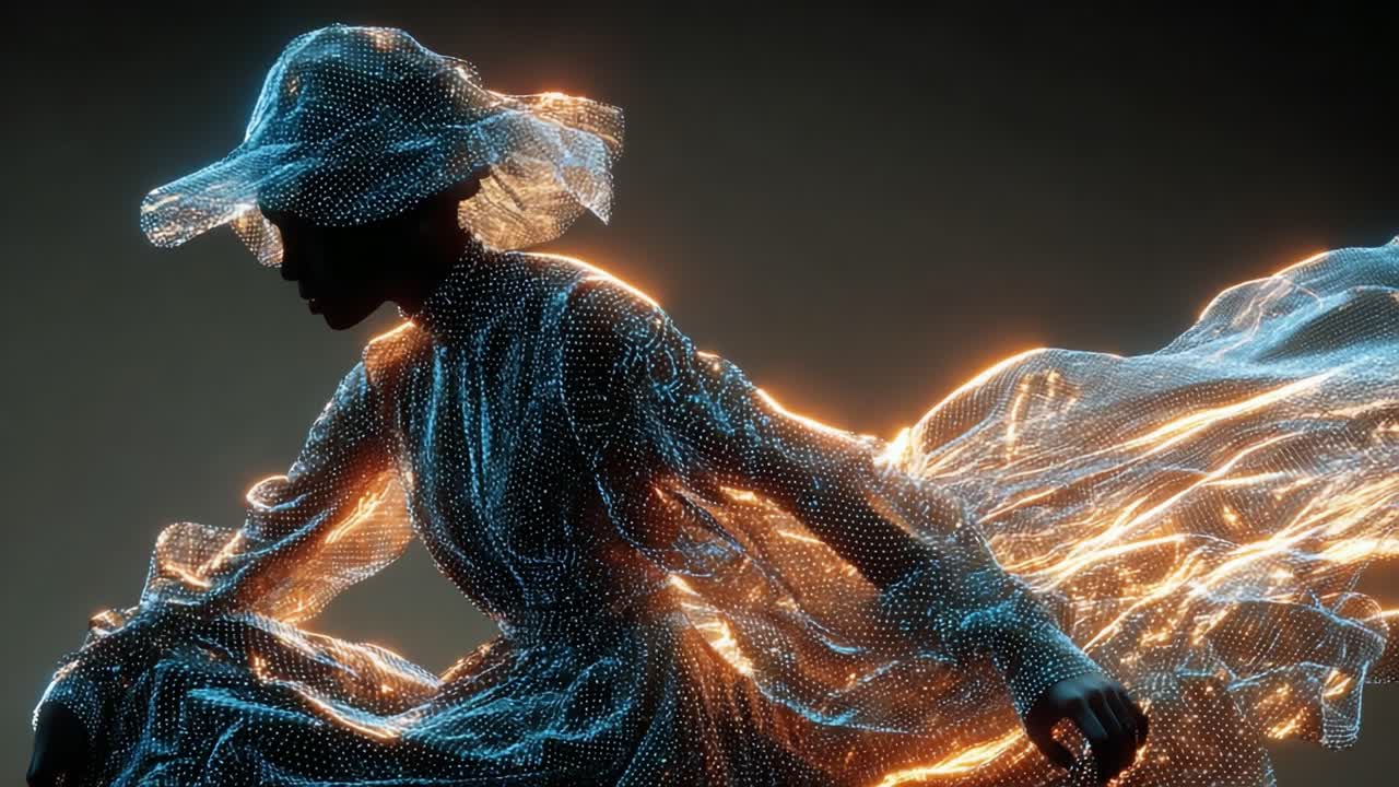 A captivating and ethereal figure, shrouded in luminescent digital fabric, gracefully moves through a luminous space, skillfully blending art and technology into a mesmerizing visual experience