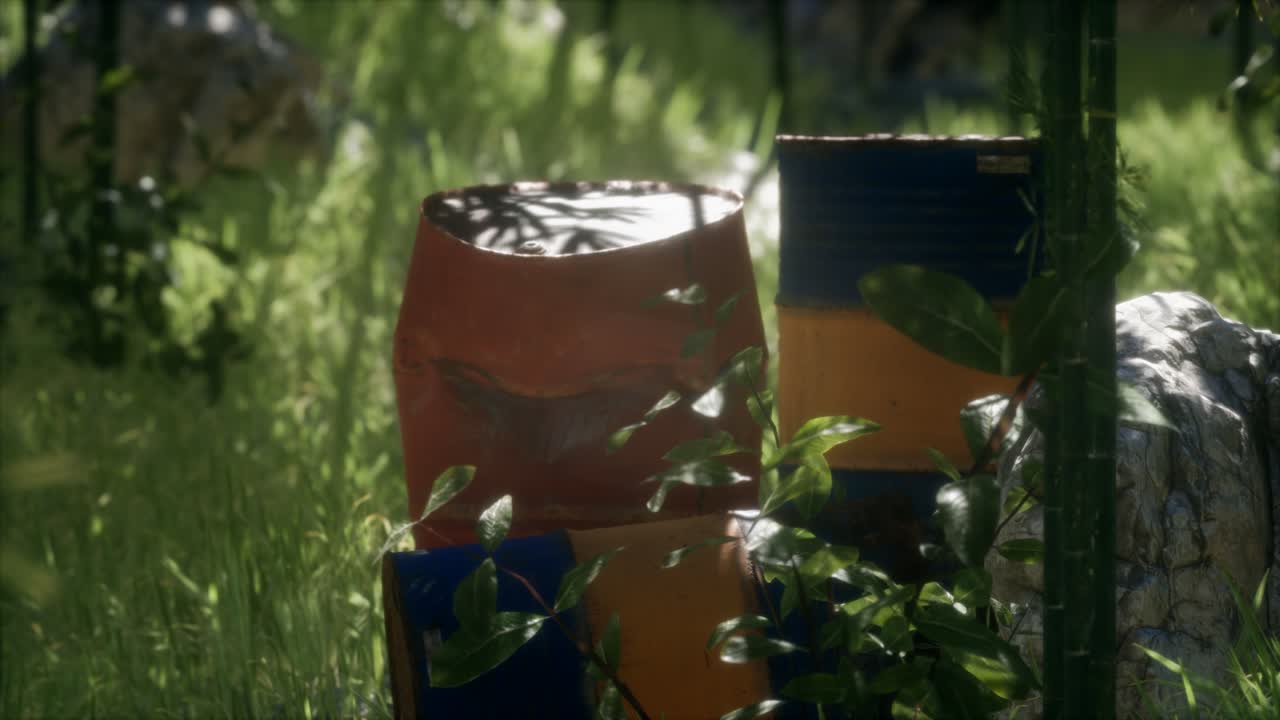 barriles oxidados en el bosque verde