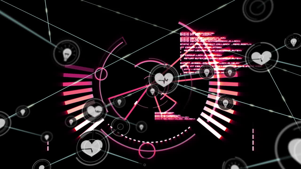 검은 바탕에서 범위 스캐닝과 데이터 처리에 대한 연결 네트워크의 애니메이션