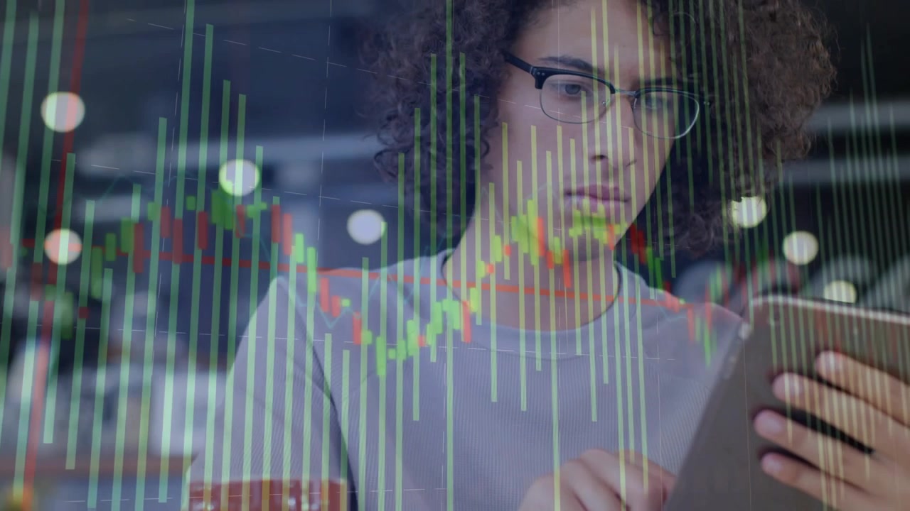 Man tapping tablet in cafe, starting animated finance chart overlaying frame, analyzing markets