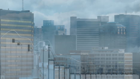 animation of financial data processing over cityscape