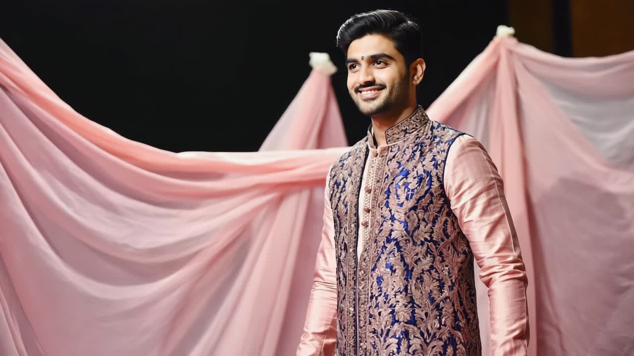 Professional male model wearing ornate embroidered sherwani, standing on stage with pink curtains during high end fashion event highlighting traditional South Asian attire