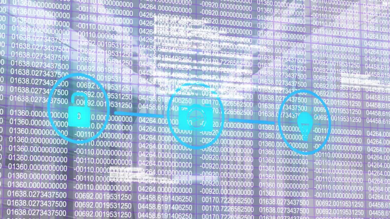 Animation of open lock, camera, light bulb icon on digital interface with coding