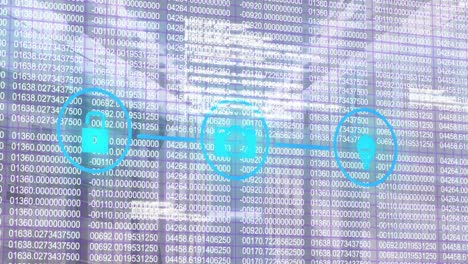animación de cerradura abierta, cámara, icono de bombilla en la interfaz digital con codificación