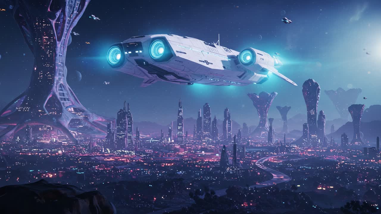 Futuristic Spaceship Soars Above Neon-Lit Metropolis, Showcasing Advanced Technologies and Otherworldly Landscape in a Dazzling Science Fiction Vision