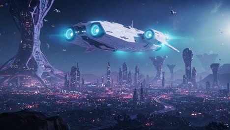 futuristic spaceship soars above neon-lit metropolis, showcasing advanced technologies and otherworldly landscape in a dazzling science fiction vision
