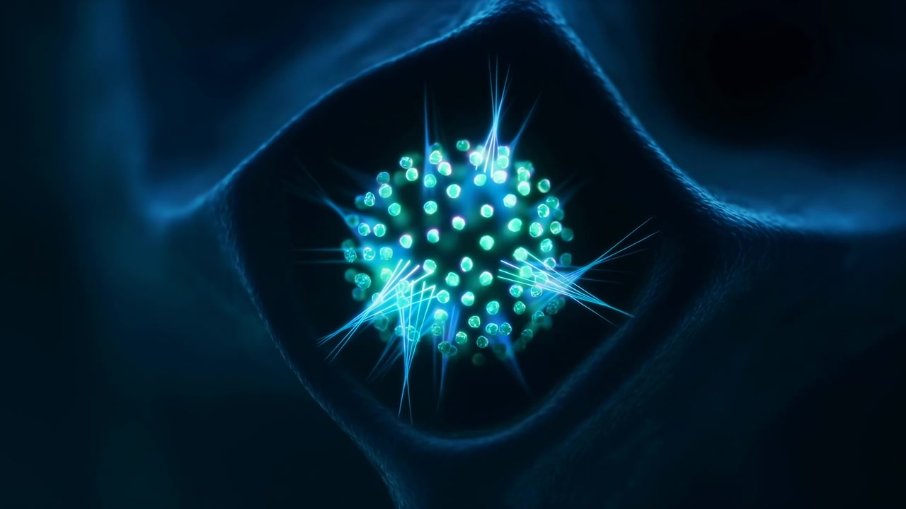 Sfera astratta di particelle turchesi brilla al centro di uno sfondo blu intenso e fluido, con tenui raggi di luce, pieghe organiche e movimento luminoso.
