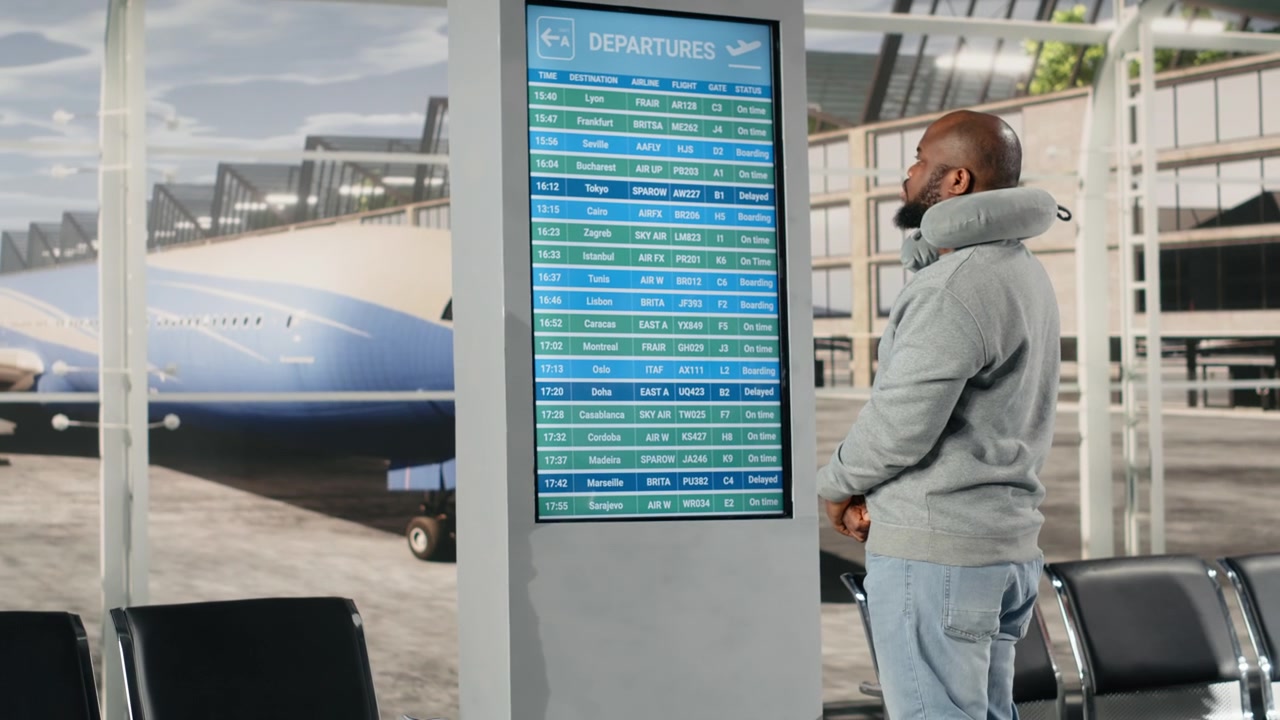 Uomo nella sala d'attesa dell'aeroporto che controlla il tabellone delle partenze e i dati dell'orario