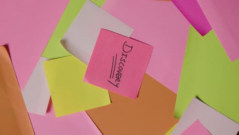 concepto de negocio de notas adhesivas giratorias con descubrimiento escrito en la nota superior