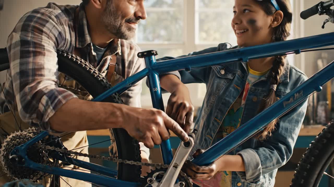 Father and Daughter Repairing a Bicycle Together in a Workshop