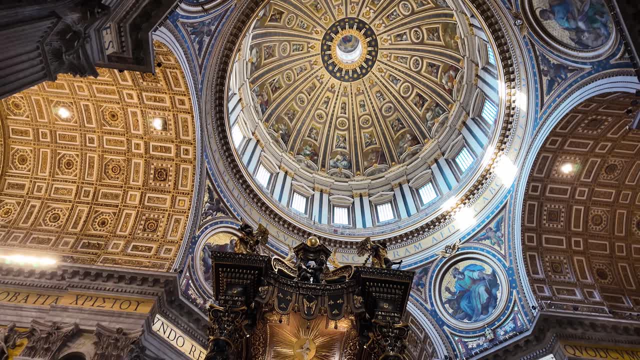 Upward panoramic shot of the interior of St. Peter’s Basilica, starting at the base of Bernini’s Baldachin and ending at Michelangelo’s dome in Vatican City