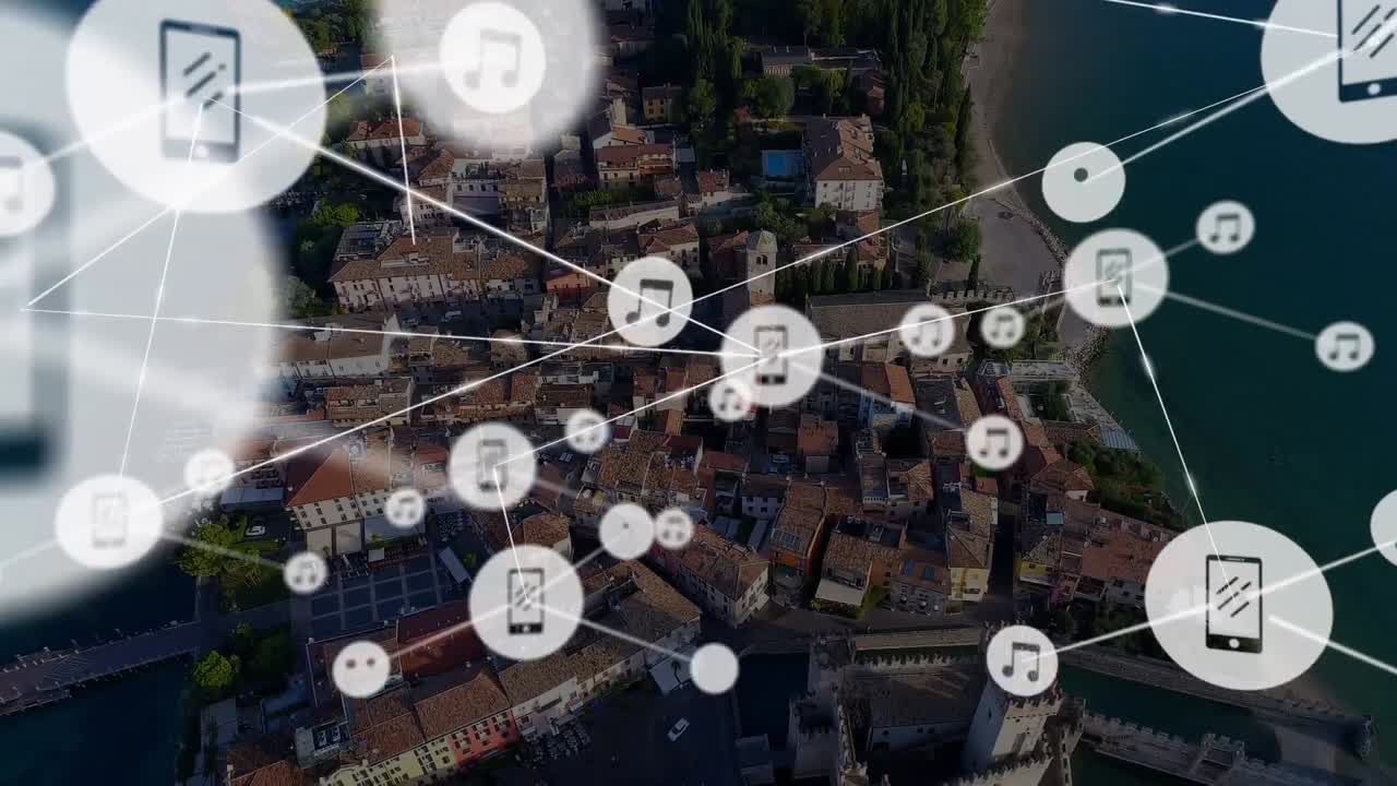 animación de la red de conexiones con iconos sobre el paisaje urbano