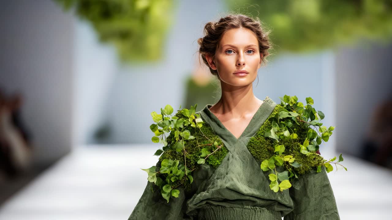 Malli kävelee catwalkilla yllään ainutlaatuinen vihreä muotiasu, jota koristavat luonnon elementit ja joka korostaa kestävää tyyliä ja luonnon inspiroimia designvalintoja