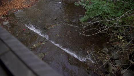 Wooden-Footbridge-Over-Stream-with-Low-Panning-Shot-at-Cullen-Gardens-Central-Park-in-the-Fall-at-Whitby,-Canada