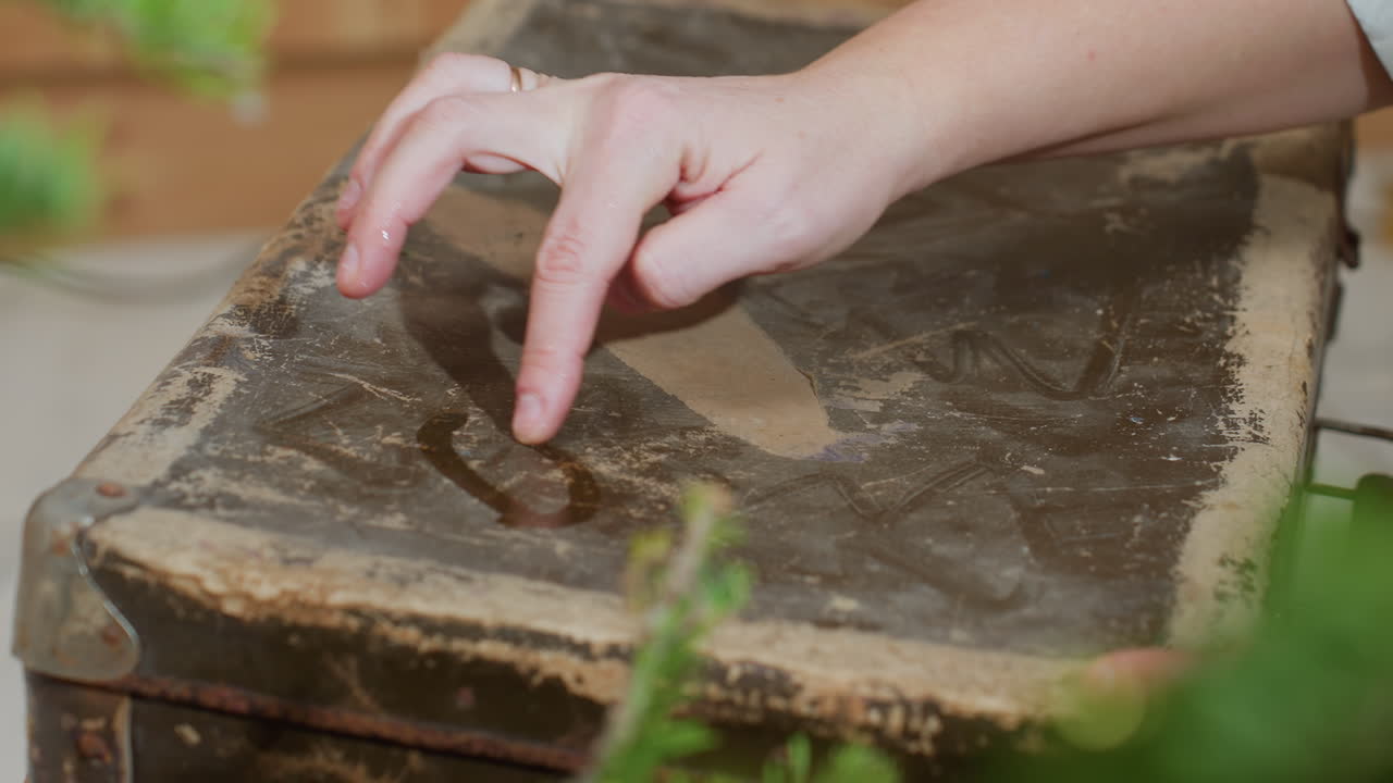 Hand view of man drawing ornament on dusty box surface using wet finger, capturing creative tactile moment in rustic cozy indoor setting surrounded by blurred festive greenery during cheerful holiday