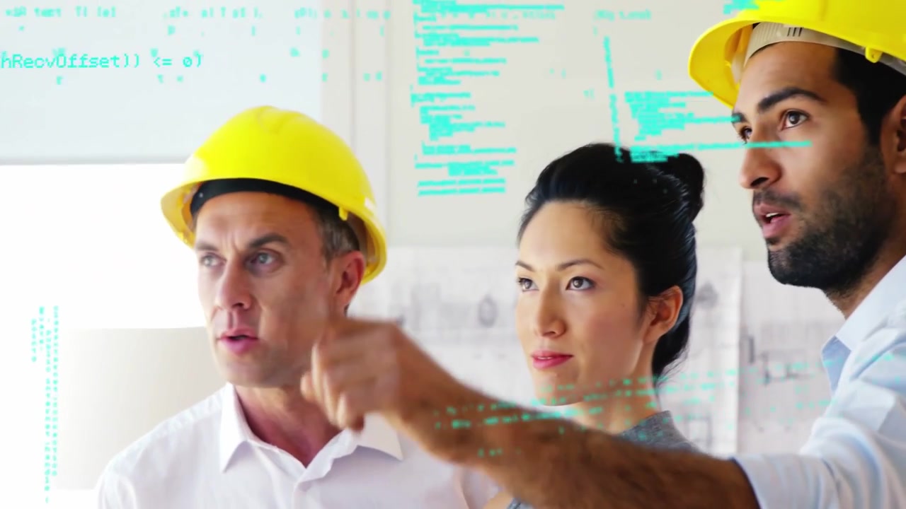 Team studying plans, right man pointing, causing teal AR overlay marking sizes for construction