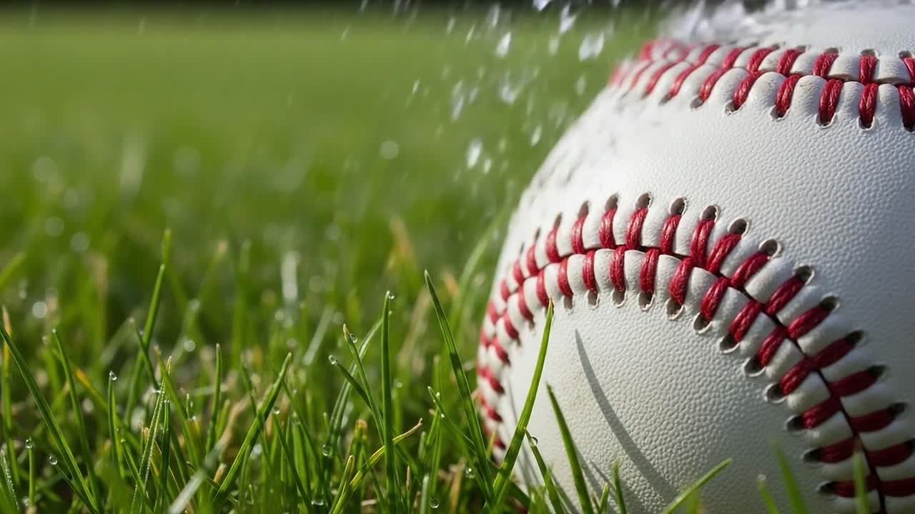 A Close-Up View of a Baseball Resting on Dewy Grass, Symbolizing the Essence of the Game and the Serenity of Outdoor Sports Environments