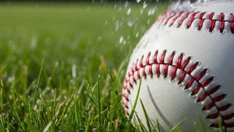 a close-up view of a baseball resting on dewy grass, symbolizing the essence of the game and the serenity of outdoor sports environments
