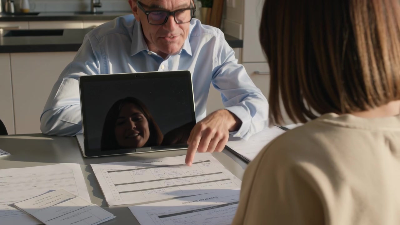 Uomo anziano appoggiato che indica documenti in cucina, con un tablet che riflette una donna, mentre spiega.