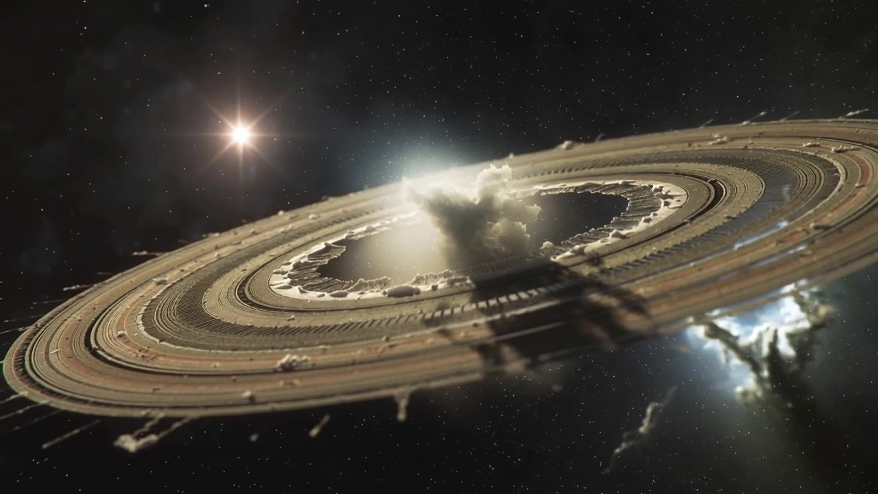 Pulling back camera revealing ring megastructure in space to reveal central plume and tower shadow