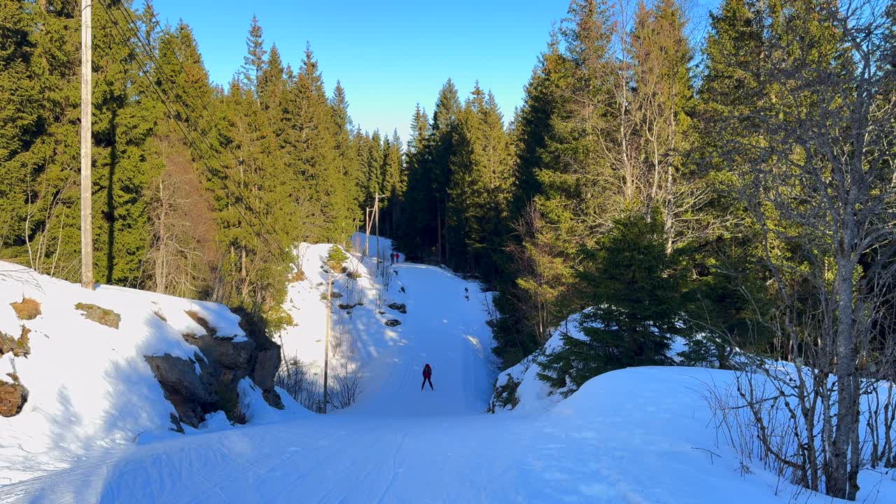 Skier downhill gliding groomed ski track cross country skiing ski trail path Holmenkollen Toppsesteret Skimore Oslo Norway Norge Frognerseteren afternoon arctic golden hour sunny sunset static shot