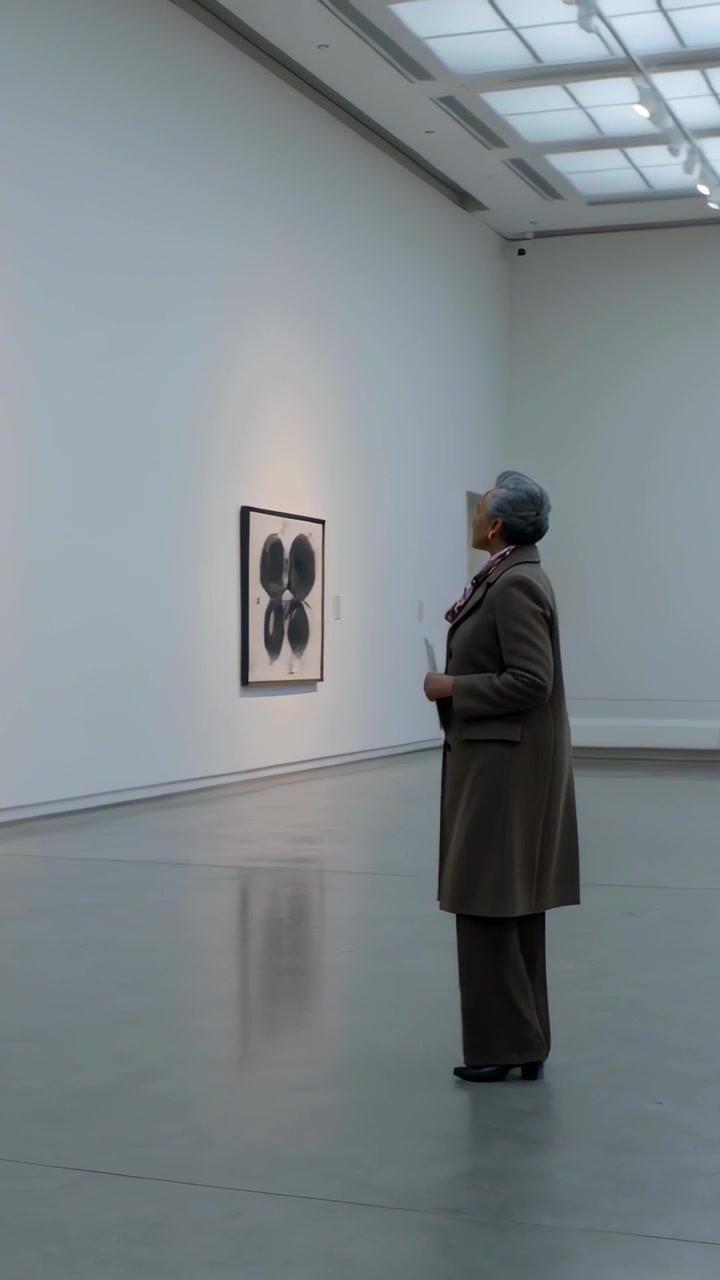 Video verticale: Donna anziana che osserva un'opera d'arte a inchiostro in galleria con guida e cappotto, spazio per il testo.