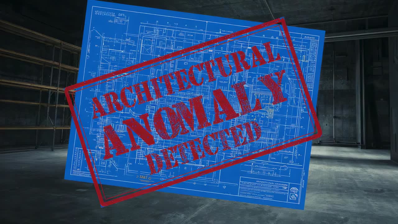Appearing blueprint floating over floor by racks at door marking red ARCHITECTURAL ANOMALY DETECTED