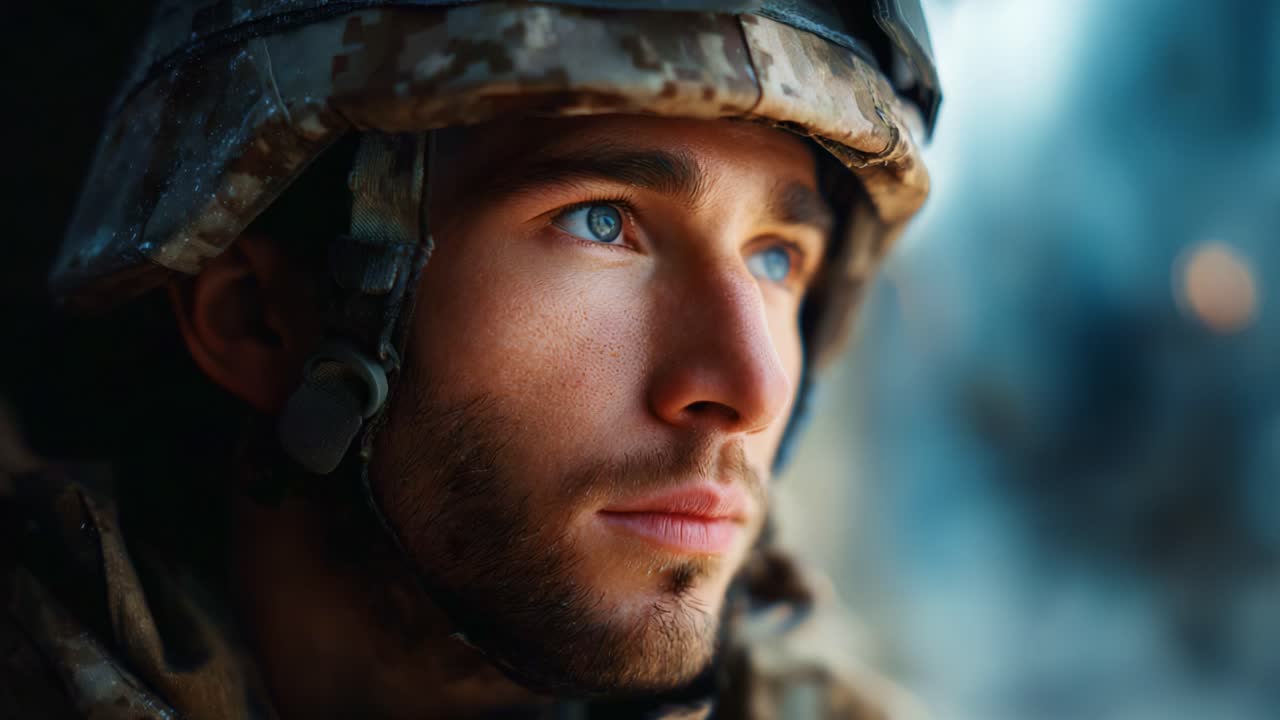 Un soldato riflessivo in tenuta da combattimento che contempla la sua missione e le sfide future con intensa concentrazione e determinazione nei suoi penetranti occhi azzurri