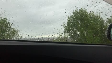 Viendo-La-Lluvia-Caer-Y-Las-Ramas-Balanceándose-Con-El-Viento-Desde-El-Interior-Del-Auto-A-Través-De-La-Ventana